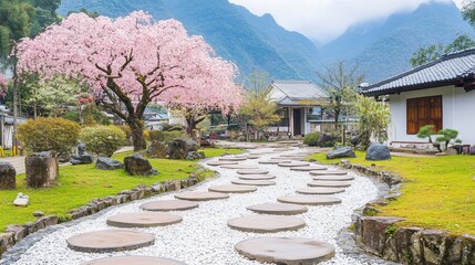 Serene Japanese Garden Path with Cherry Blossoms