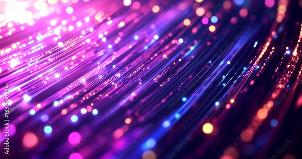 Poster abstract digital art depicting vibrant, flowing lines and particles of light in a spectrum of magent
