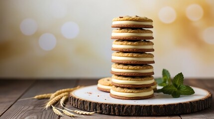 Delicious Layered Cookies Stacked on Wooden Table With Natural Background Settings at Afternoon Light