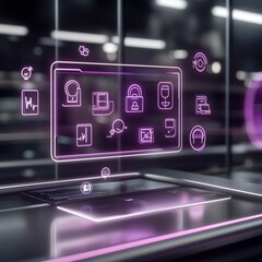 A high-tech workspace features a sleek digital interface showcasing various health applications and security icons. The environment is futuristic and displays vibrant colors