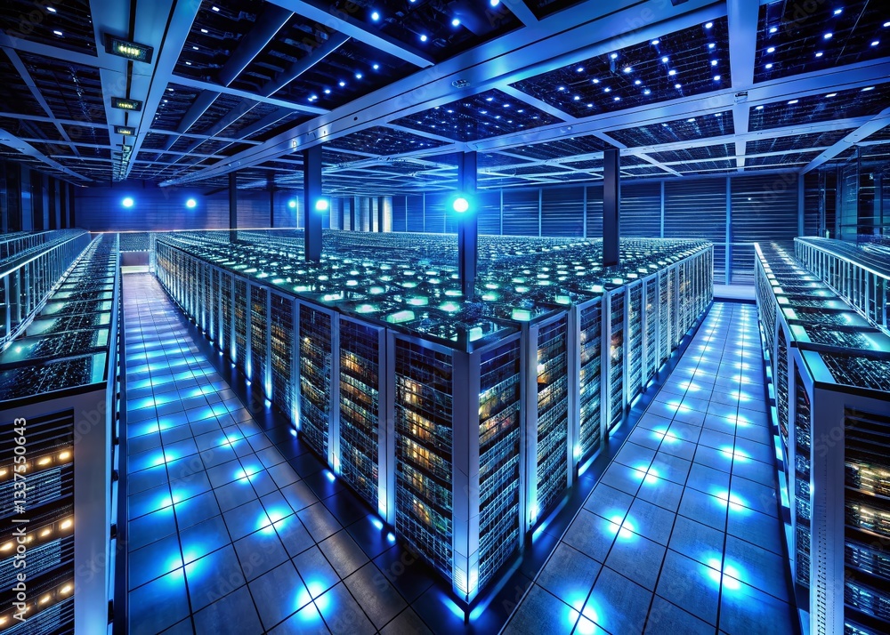 Poster aerial view of computer data center servers, high-tech network infrastructure, drone photography