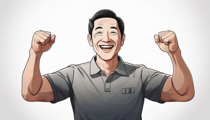 ガッツポーズをして喜ぶ中年のアジア人男性スタッフ従業員のイラスト。AIで生成