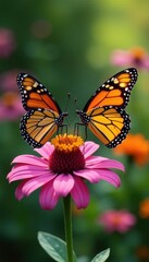 Naklejka premium Two monarch butterflies on vibrant flower, garden setting, animal photography, invertebrate, colorful