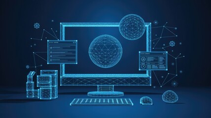 Abstract polygonal 3d illustration of computer screen and robotics in dark blue. Innovative web development, app or website design concept. Digital vector mesh with lines, dots, stars and particles 