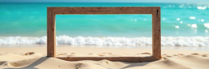 Weathered wooden frame on sandy beach, ocean waves, holiday, rustic, coast