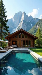 Fototapeta premium Rustic chic cabin, pool, stunning mountain backdrop, trees, relaxation, wellness