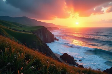 Sunrise paints rolling hills overlooking a restless sea , aerial, panorama, ocean