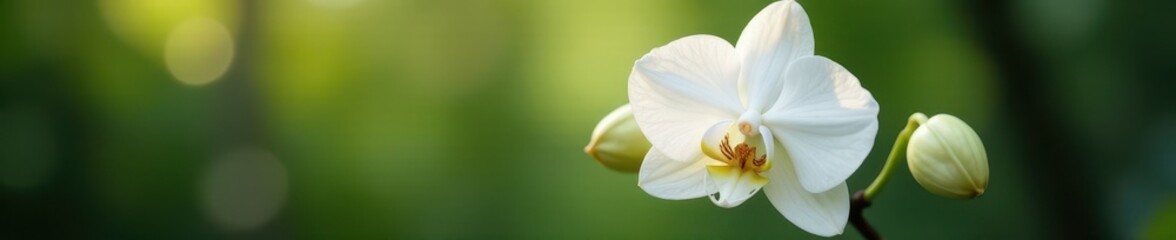 Fototapeta premium Single white orchid blossom, sharp focus, soft light, botanical, white background