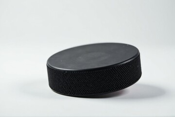 Black vulcanized rubber hockey puck on pristine white background , texture, sport equipment, competition