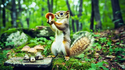 Obraz premium Squirrel Holding Mushroom Amongst Green Foliage in Lush Forest Environment