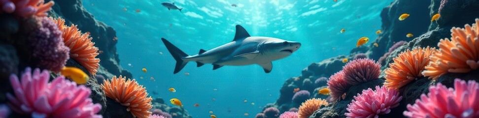 Fototapeta premium A sleek shark glides through a kaleidoscope of coral and tropical fish , fish, colorful, sea