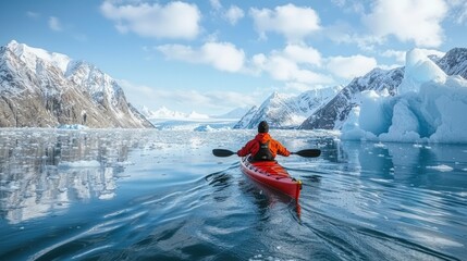Kayaker paddling in icy fjord, mountains and glaciers in background.
