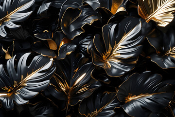 Golden Tropical Leaves on Black Background &ndash; Luxury Botanical Art.