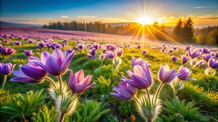 Fototapeta premium Aerial View of Pasque Flower Field at Sunrise, Blooming Spring Meadow