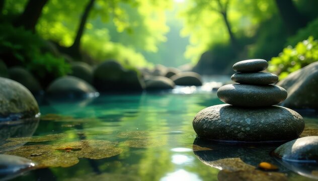 Crystal-clear stream, lush foliage, meditation stones , holistic, lush, health