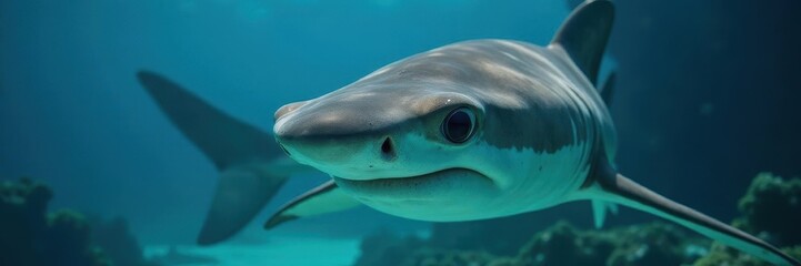 Fototapeta premium Close-up of a hammerhead shark, showing detail of skin texture and eyes, cartoon, sea creature, wildlife photography
