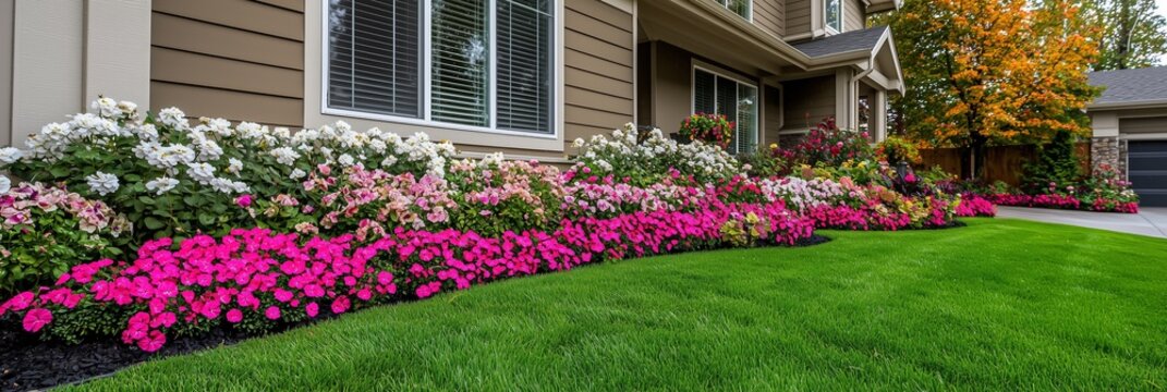 A vibrant flower garden with pink and white blooms in front of a house.