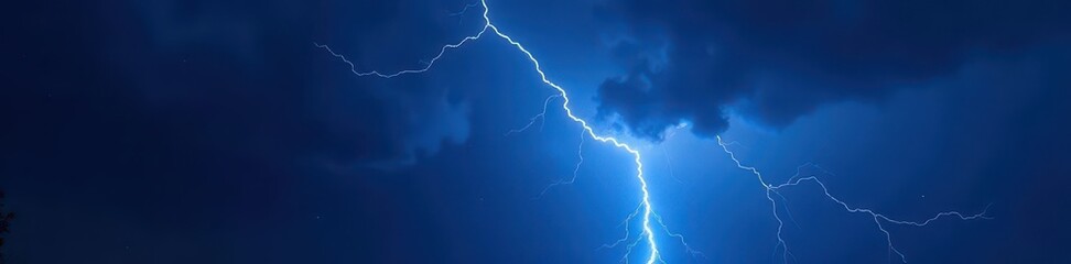 Electric blue lightning strikes across black night sky Dramatic storm energy , tempest, powerful, bolt