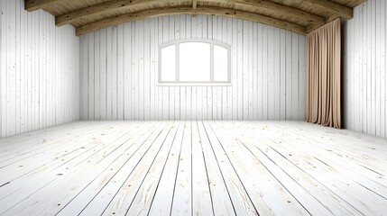 Spacious, Empty Room with White Wooden Walls and Natural Light from Window with Curtains