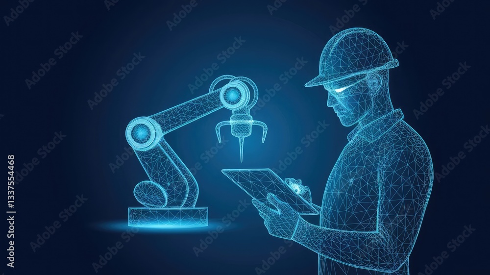 Poster abstract polygonal engineer holding tablet and controlling robotic arm and robotic tool. smart techn
