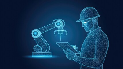 Abstract polygonal engineer holding tablet and controlling robotic arm and robotic tool. Smart technology manufacturing process in dark blue. Vector image of industrial technology, automation concept 
