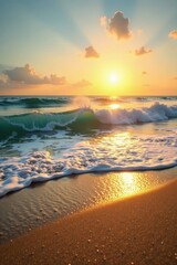 Obraz premium Golden hour sun paints waves breaking on a pristine sandy beach , coastal, peaceful, beauty