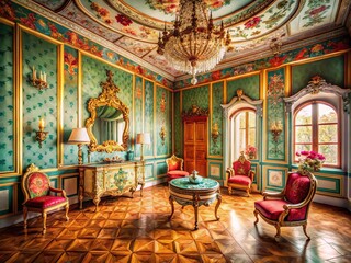 Obraz premium Aerial View Retro Rococo Room, Ornate Patterned Interior Design, Vintage Style Apartment