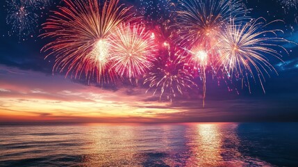 Spectacular fireworks display over ocean during breathtaking sunset celebration
