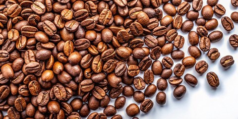 Obraz premium Aerial View Roasted Coffee Beans Scattered White Background Copy Space