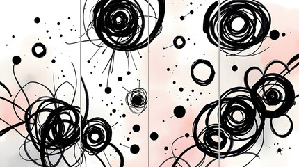 Intricate Black Ink Swirls with Dots on Soft Pink-Tinged White Canvas