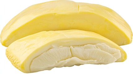 Sliced Fresh Durian Fruit with Yellow Flesh Revealing Creamy Texture on a White Background