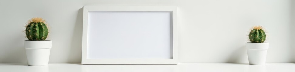 Obraz premium Clean white desk, small cactus, picture frame for branding, styling, workspace, art
