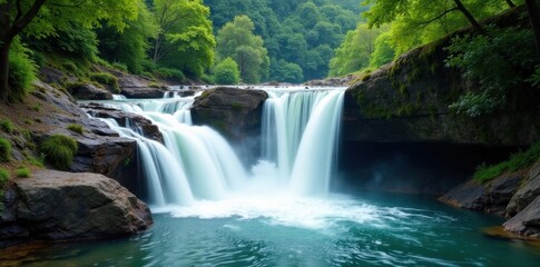 Fototapeta premium Multiple waterfalls tumbling down rocky gorge, outdoor, Europe