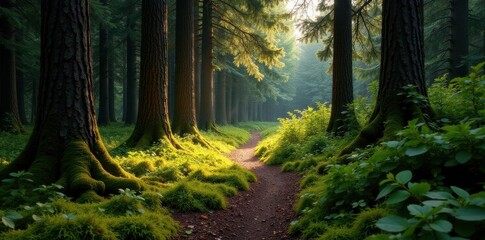 Obraz premium Narrow, mossy trail through ancient Swedish pines, wild, scenic, wilderness