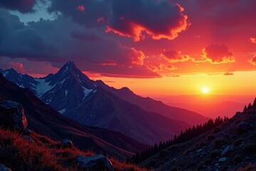 Fiery dusk sky ignites rocky mountain range, shadows lengthen across the land , view, earth