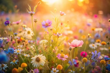 Fototapeta premium Aerial View Vintage Wildflower Meadow Soft Pastel Colors Delicate Floral Arrangement Drone Photography