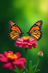 Fototapeta premium Pair of monarchs nectaring on bright bloom, lush green background, beautiful, green, animal photography