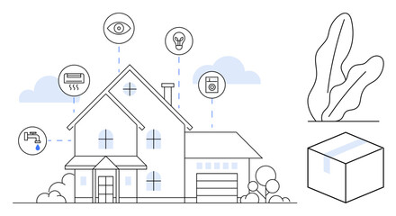 House integrated with IoT devices including lightbulb, thermostat, surveillance, faucet, and washing machine. Ideal for technology, home improvement, green energy, convenience automation