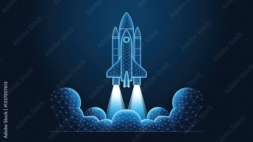 Poster abstract space shuttle launches into space. glowing rocket and smoke under it. digital start-up and 