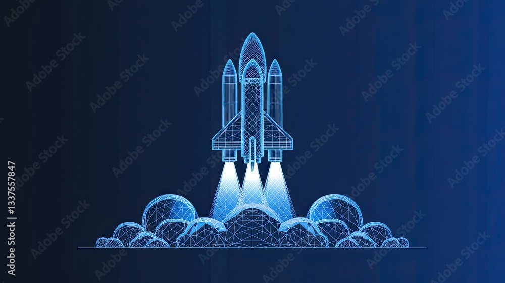 Poster abstract space shuttle launches into space. glowing rocket and smoke under it. digital start-up and 