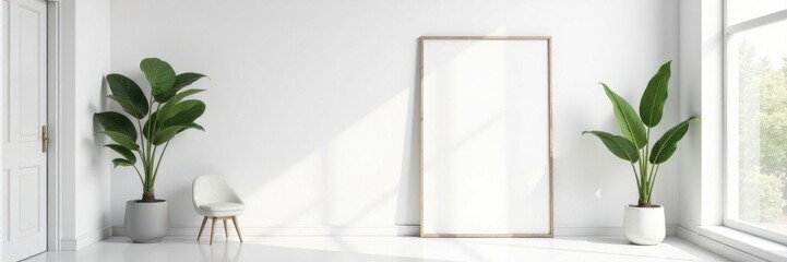 Single black frame against pure white backdrop, contemporary room setting , white wall, minimal design, mockup
