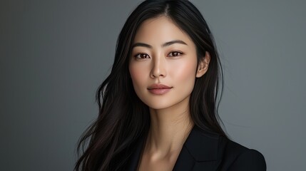 Fototapeta premium Portrait of a young Asian woman with long black hair, wearing a black blazer, against a gray background.