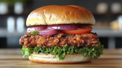 Delicious fried chicken sandwich.  Fresh, crispy, and juicy chicken breast nestled between a toasted bun, topped with vibrant red onion slices, juicy tomato slices, and crisp lettuce leaves