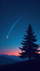 Fototapeta premium Simple pine silhouette, single shooting star across night sky, minimal design, pine tree