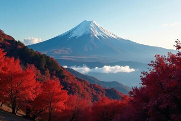 Majestic Fuji rises above Kawaguchiko's fog-shrouded, fiery autumn foliage , beautiful landscape, landscape, vibrant