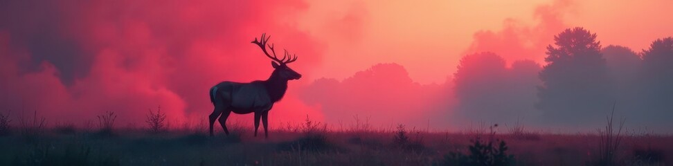 Majestic red deer stag silhouette, shrouded in ethereal mist , horns, serene, nature photography