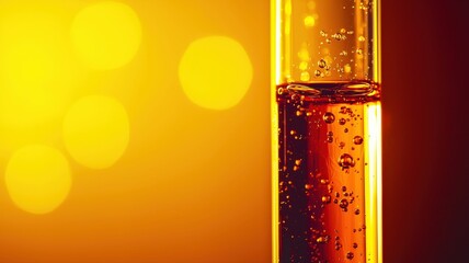 Macro shot of a chemical reaction in a test tube with liquid slowly changing color. Science, research, or discovery concept with detailed bubbles and a soft glow.

