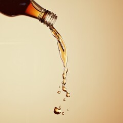 beige background, clear glass bottle at upper left, pouring brown liquid downward