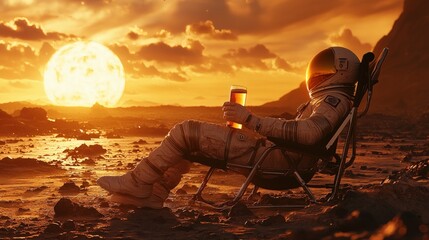 Astronaut relaxing with a drink on an alien beach at sunset.