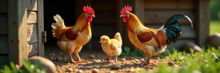 Fototapeta premium Chicken coop with adult hens and rooster, chicks foraging, brooding, life cycle, animal husbandry